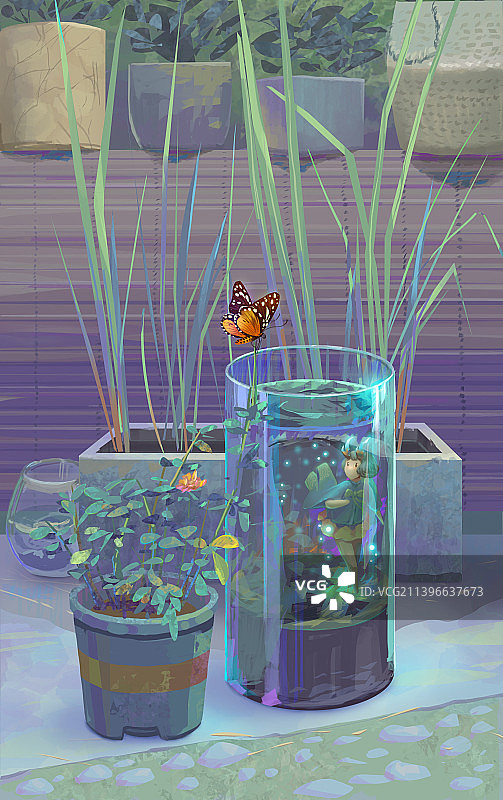 水彩小盆景植物装饰插画蝴蝶图片素材