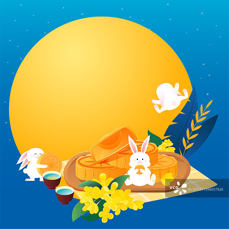 可爱的兔子和月饼月亮中秋节矢量创意插画图片素材