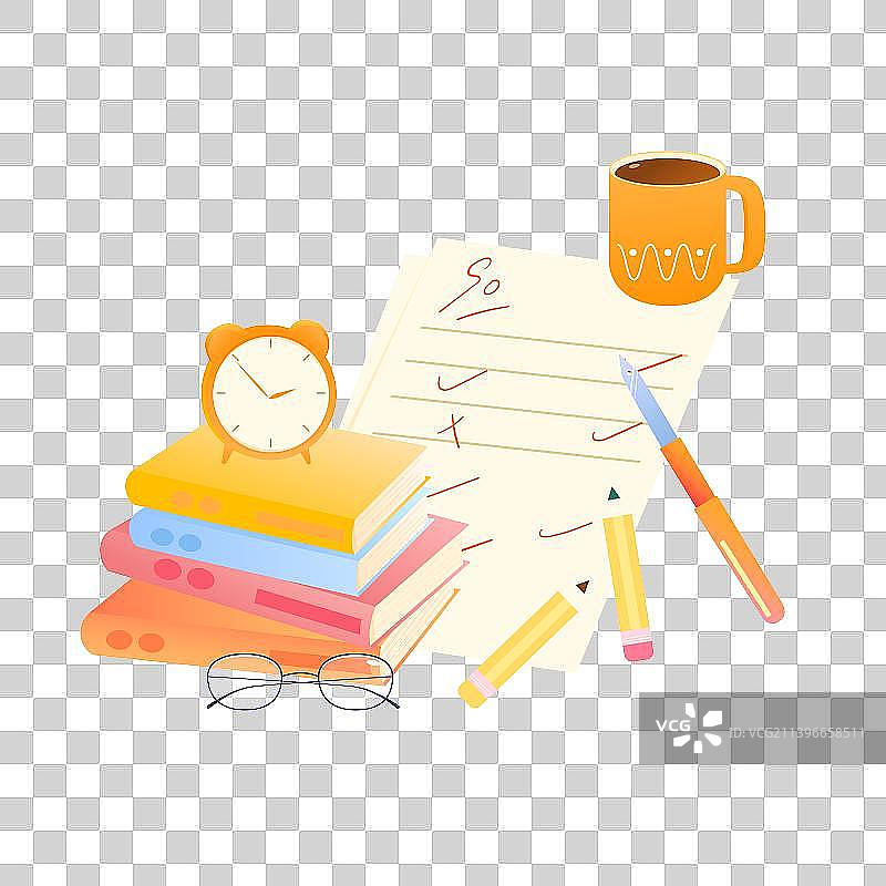 书和闹钟咖啡杯等文具矢量插画元素图片素材