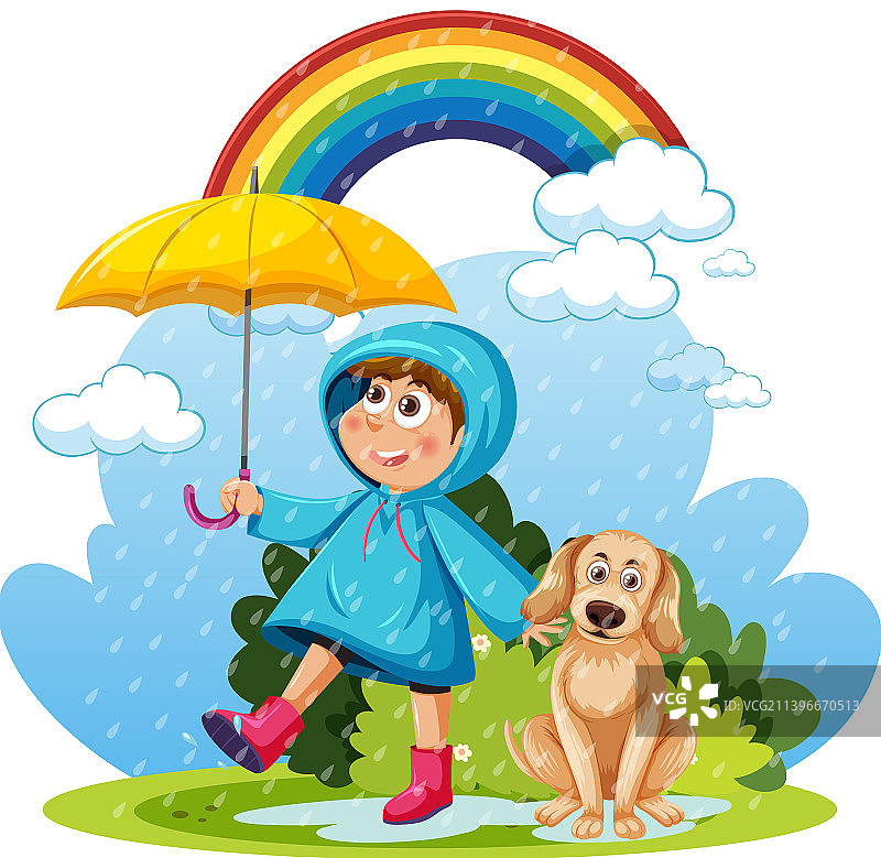 雨天，穿着雨衣的女孩和一只狗图片素材
