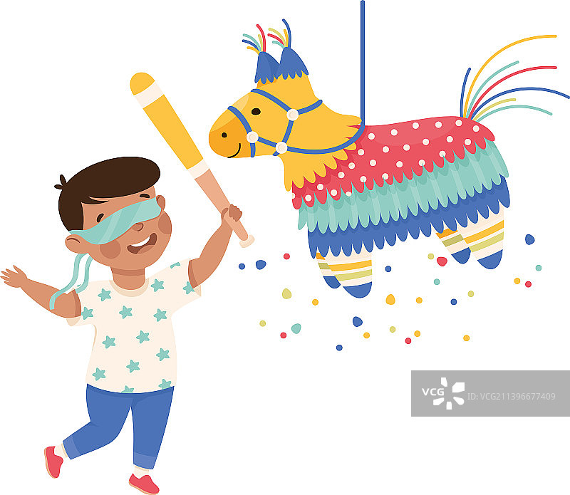 有趣的男孩击打悬挂的皮纳塔图片素材