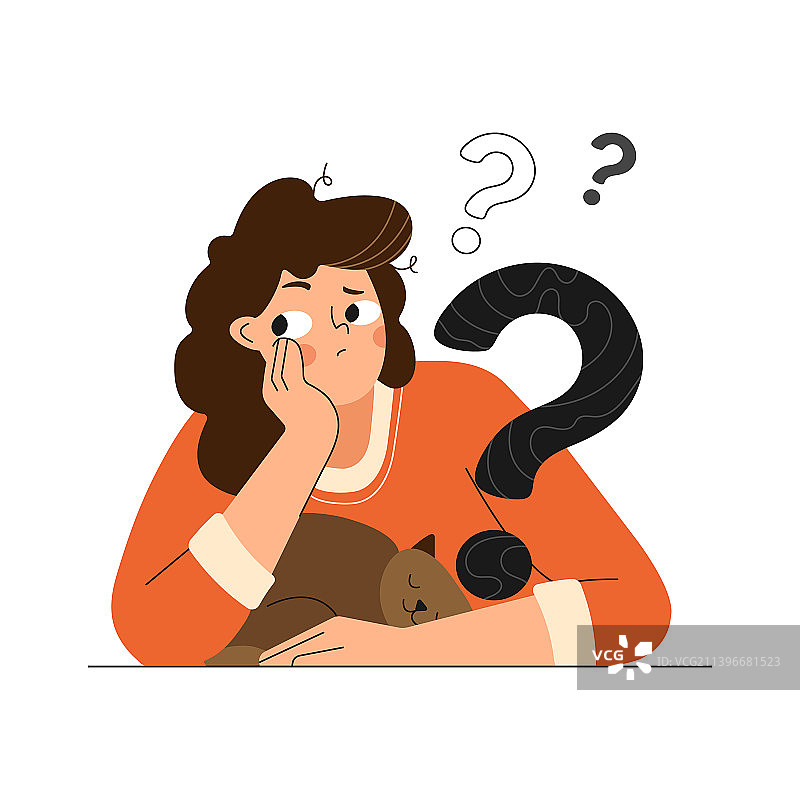 年轻女人坐着和猫一起思考图片素材
