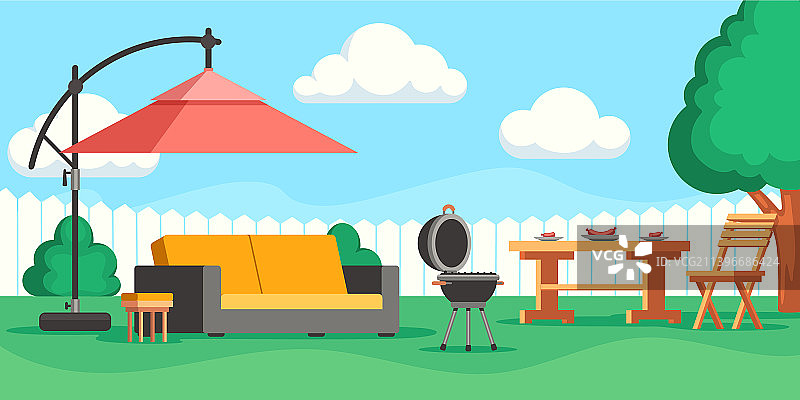 后院露台卡通夏季花园与休息区图片素材