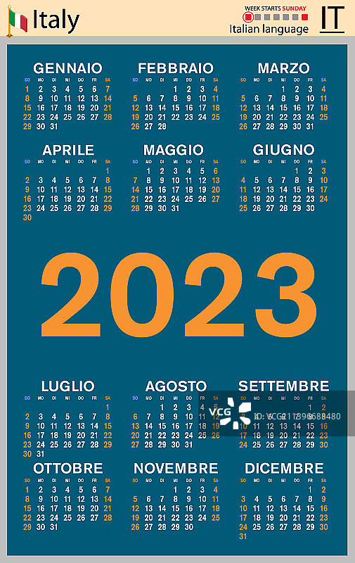 2023年意大利竖版袖珍周历图片素材