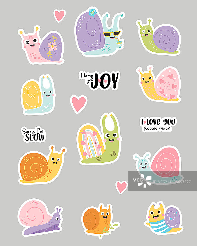 可爱蜗牛和短语贴纸套装图片素材