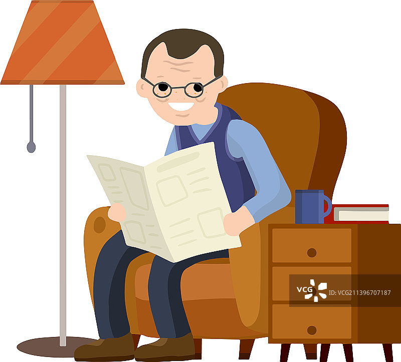 老人坐在棕色椅子上看书图片素材