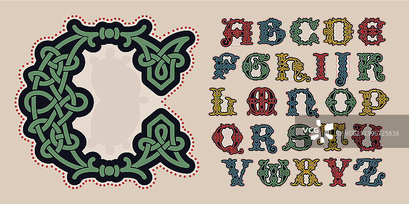 凯尔特结红色螺旋线条字母表图片素材