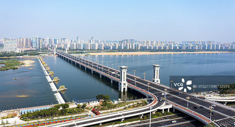 航拍山东省临沂市北京路沂河大桥风景图片素材