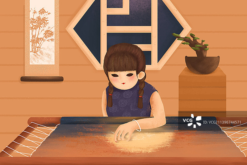 可爱的苏州绣娘在刺绣插画图片素材