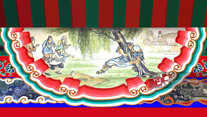 颐和园长廊里的包袱锦苏式彩画鲁智深倒拔垂杨柳图片素材