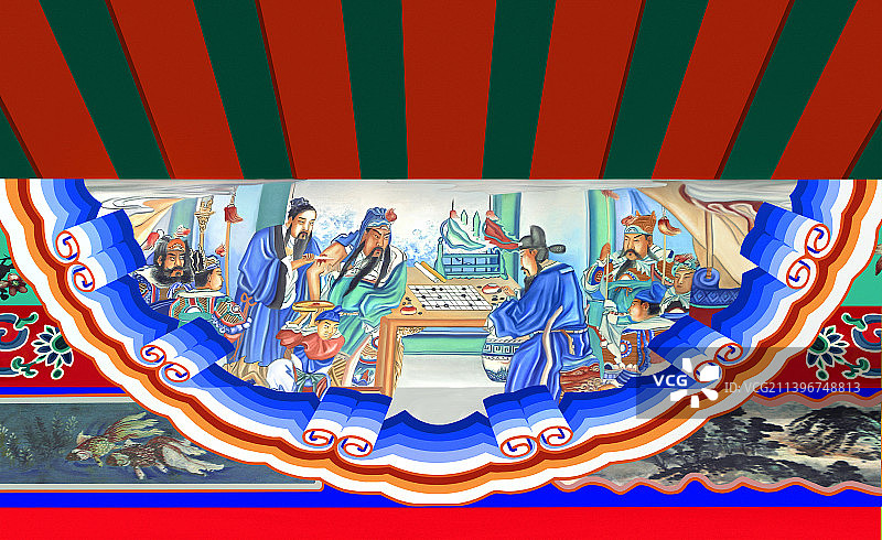颐和园长廊里的包袱锦苏式彩画三国演义刮骨疗毒图片素材