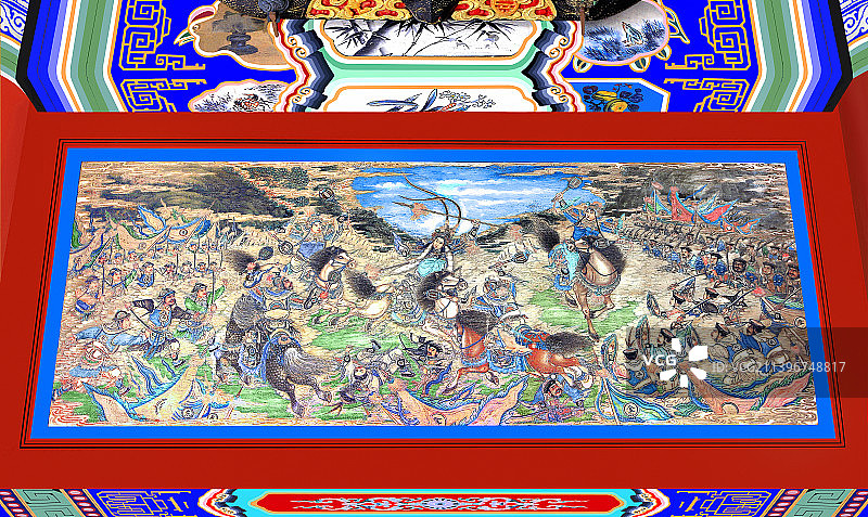 颐和园长廊里的包袱锦苏式彩画岳飞传八大锤大闹朱仙镇图片素材