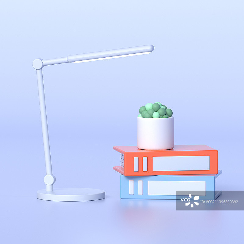 3D建模的纯色背景的书籍与台灯图片素材