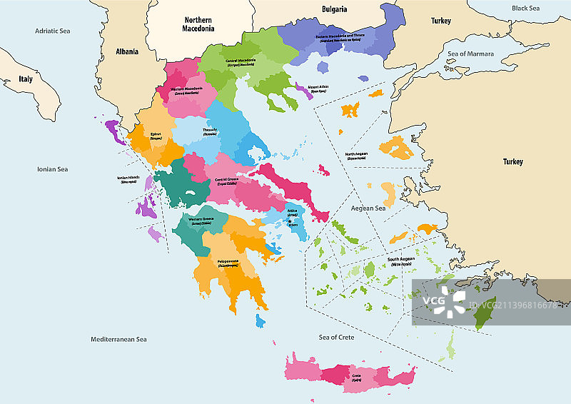希腊各省地图（按地区着色）图片素材