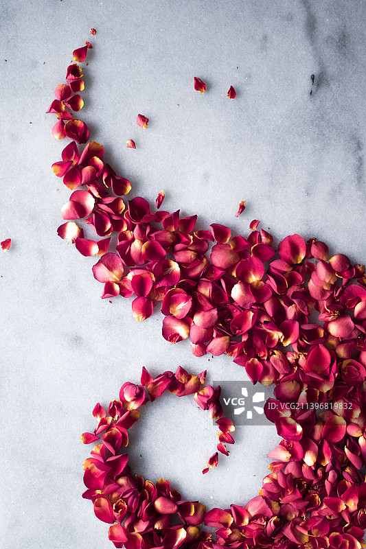 婚礼、节日和花卉背景上的大理石玫瑰花瓣图片素材