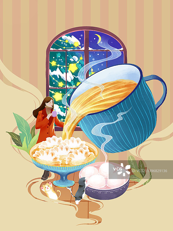 冬至羊肉汤、冬至饺子、冬至汤圆、女孩欣赏着窗外的夜景图片素材