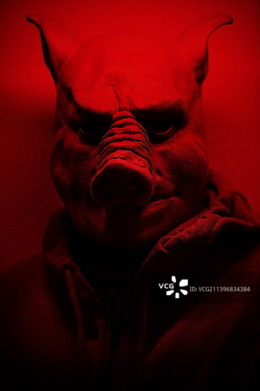 万圣节：红光下戴恐怖猪面具的男人图片素材