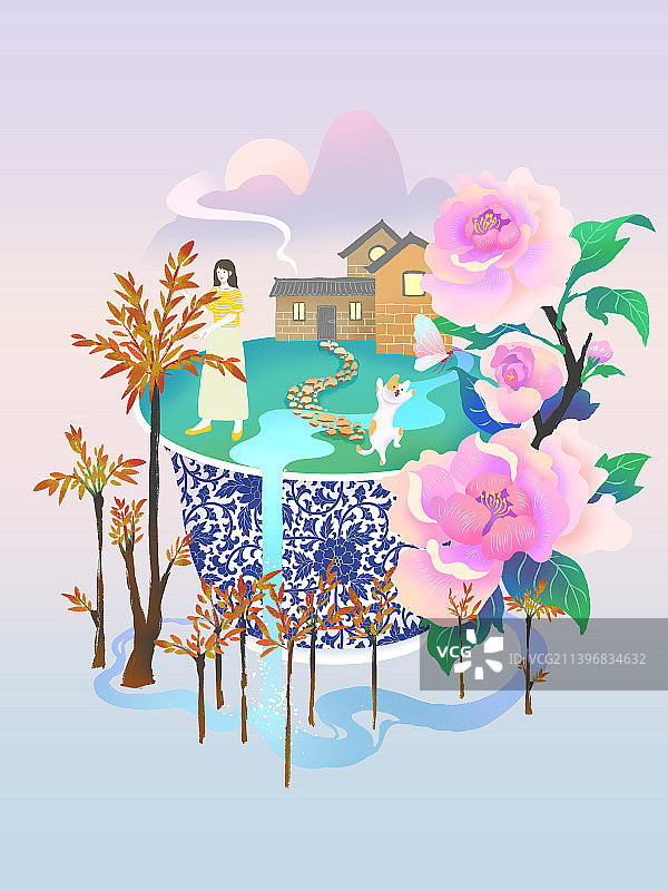 日出、采摘香椿、赏牡丹花、宁静小乡村图片素材