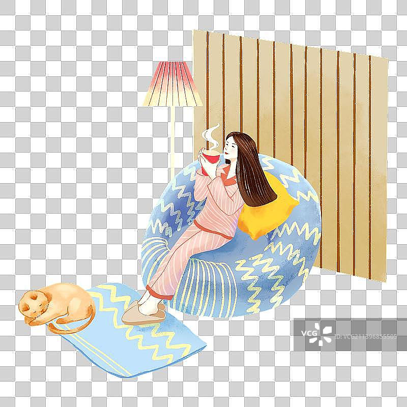 穿着家居服的可爱女孩坐在沙发上悠闲地喝着咖啡茶图片素材