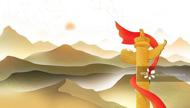 华表中国风诗意水墨山水瀑布风景插画图片素材