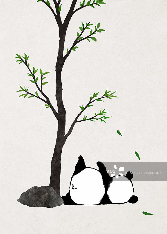 熊猫树下国画插画图片素材