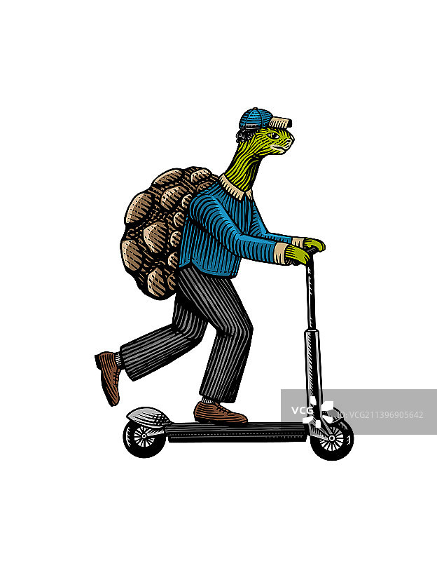 穿着西装的乌龟人在骑食物运输车图片素材