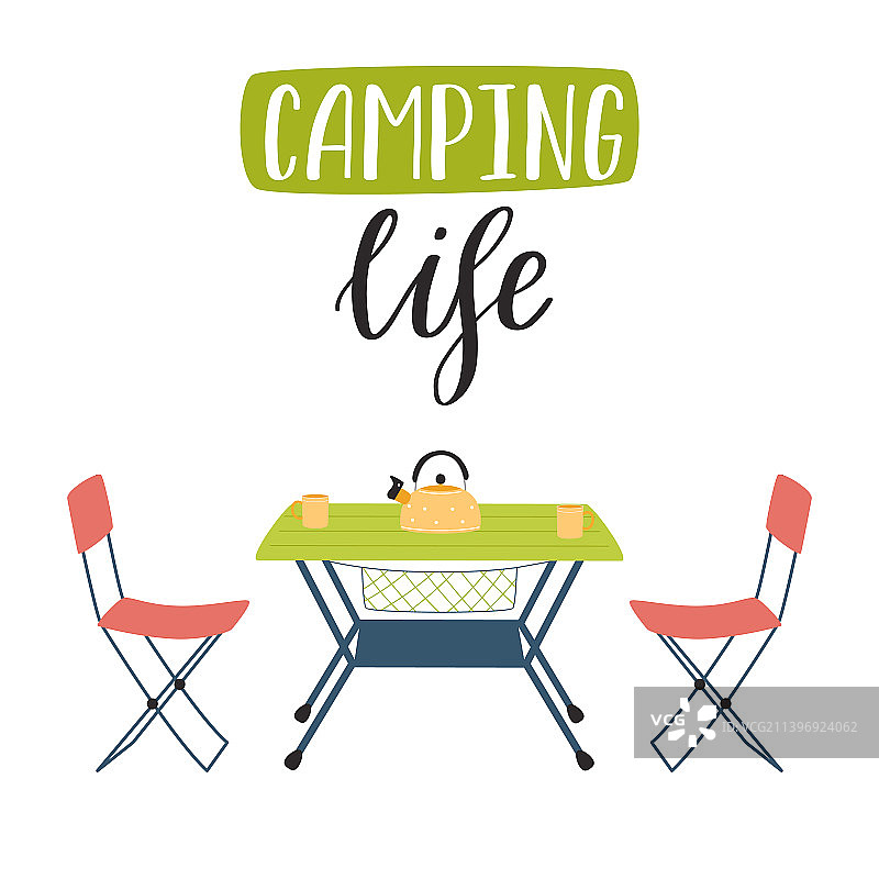 露营折叠桌椅和手写字体图片素材