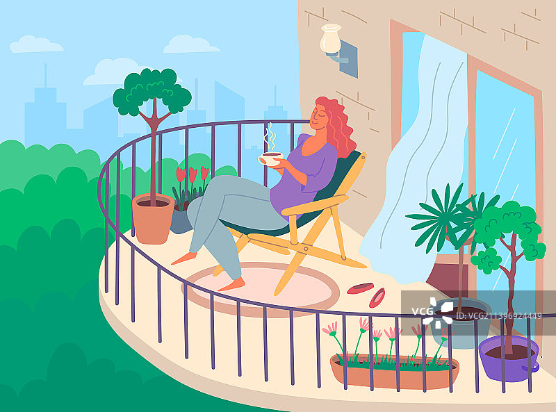 卡通彩色人物女人在阳台上喝咖啡图片素材