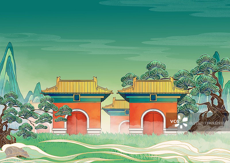 沈阳地标古建筑国风插画清永陵图片素材