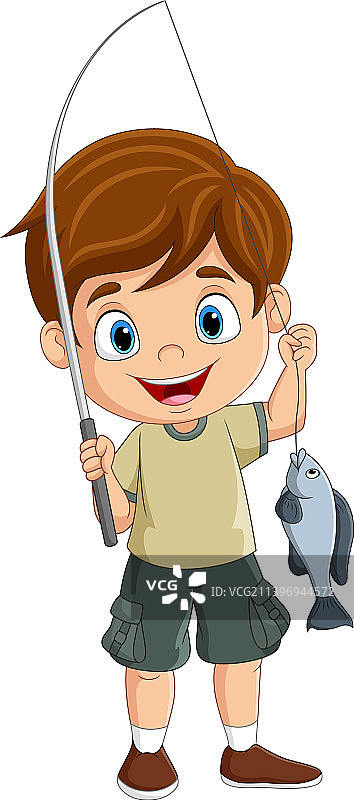 卡通快乐的小男孩钓鱼图片素材