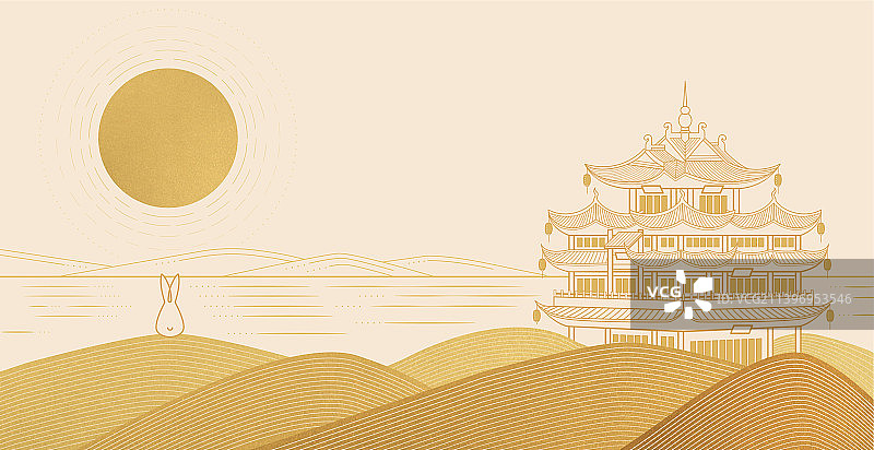 中秋城隍阁线条风横版图片素材