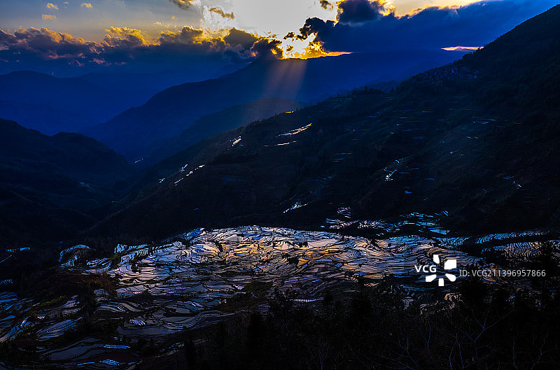 傍晚的中国云南省红河州元阳县元阳哈尼梯田老虎嘴图片素材