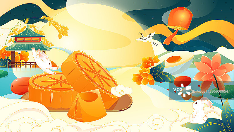 中国风中秋节月亮兔子月饼美食矢量插画横图图片素材