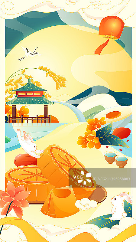 中国风中秋节月亮兔子月饼美食矢量插画竖图图片素材