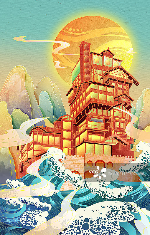 中国风重庆旅游洪崖洞地标建筑国风插画图片素材