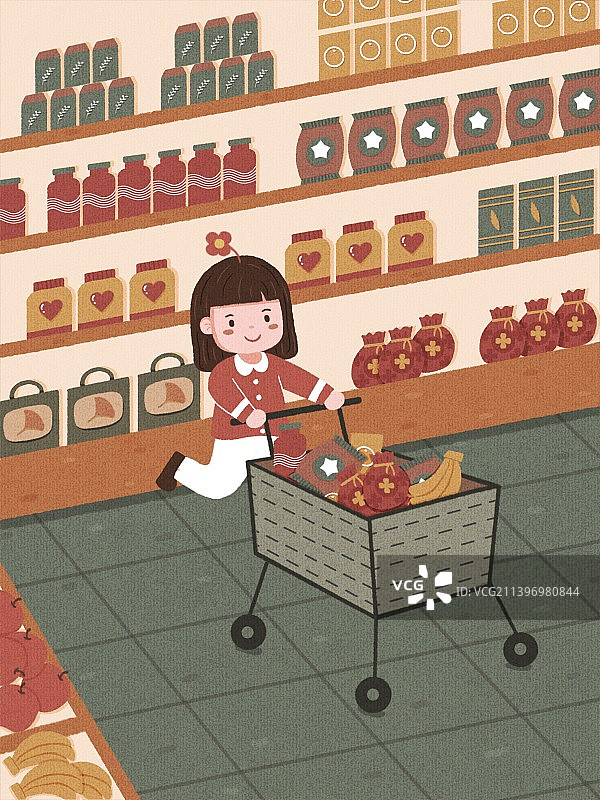 女孩一个人逛超市购物插画图片素材