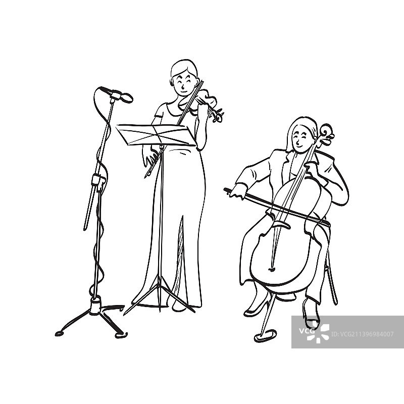 女人用麦克风演奏小提琴和大提琴图片素材
