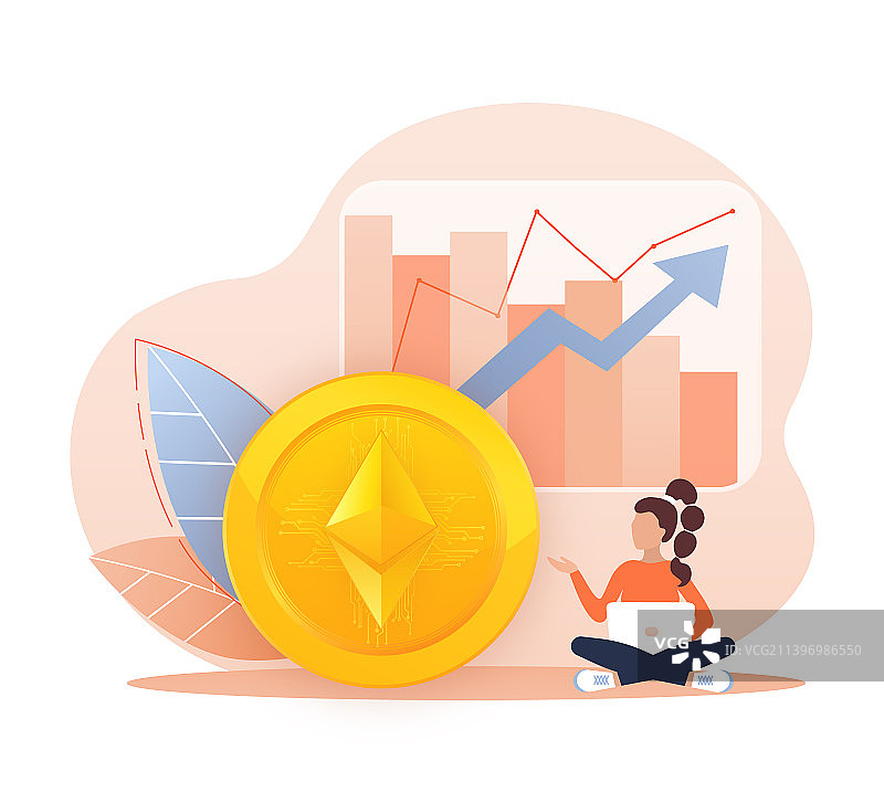 卡通风格的以太坊硬币与女孩角色图片素材