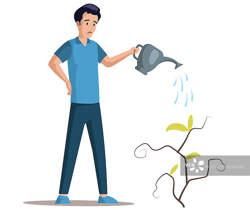 沮丧的男人正在给干燥的灌木丛浇水图片素材