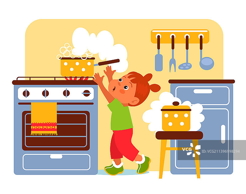 儿童安全：孩子伸手去拿开水壶图片素材