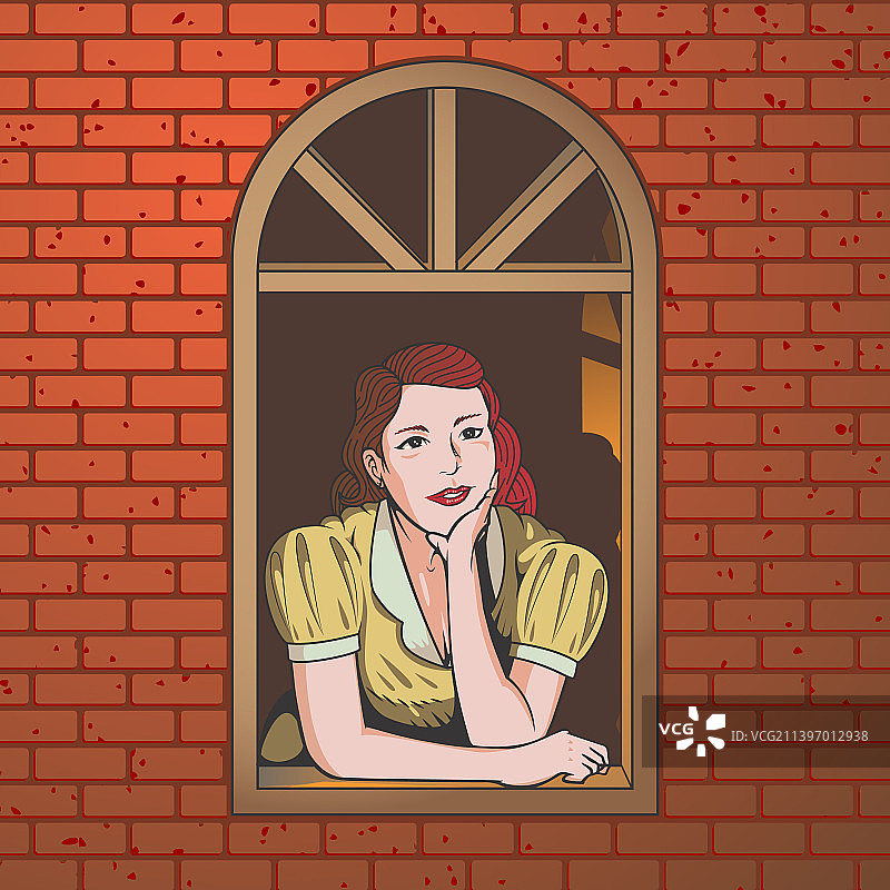 女子在下午倚靠在窗户旁图片素材