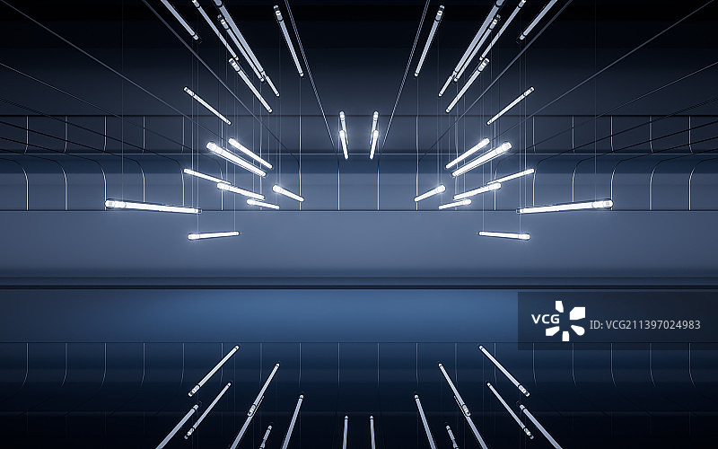 黑暗室内空间与霓虹灯管3D渲染图片素材