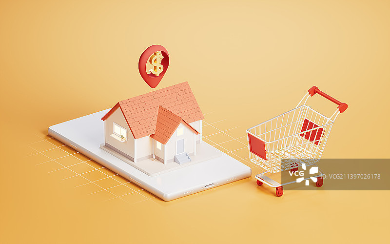购物车与买房概念3D渲染图片素材