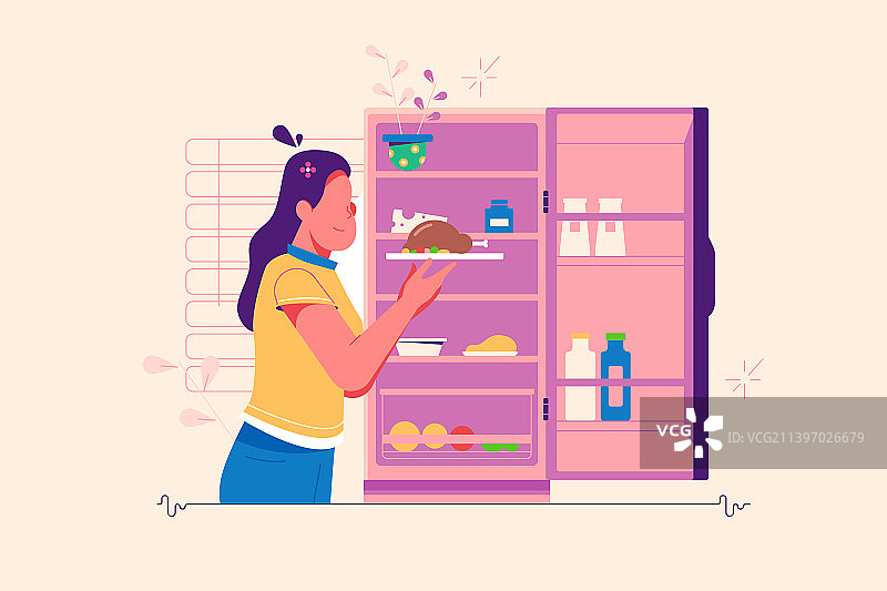 女人将美味的熟食放入冰箱图片素材