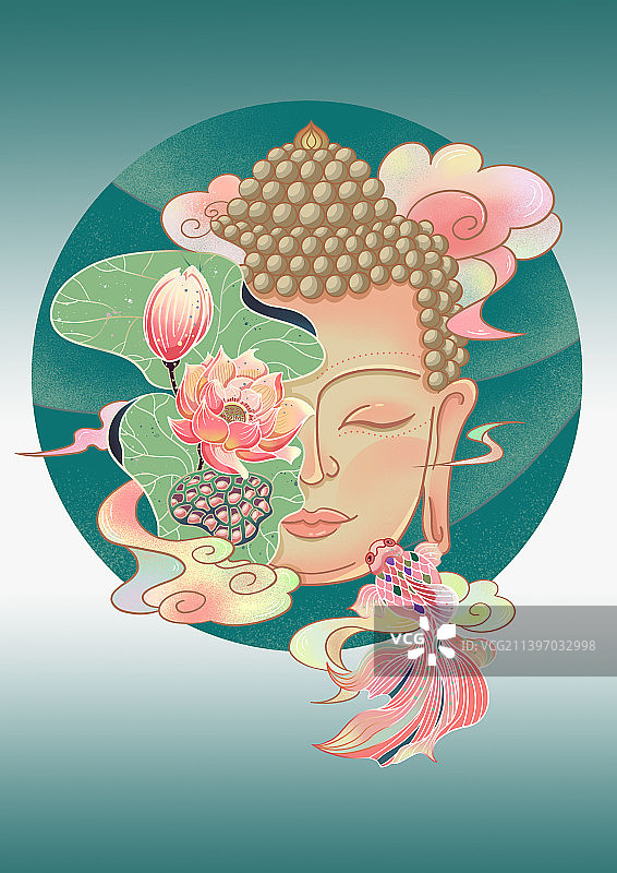 国风线性插画佛头莲花配色2图片素材