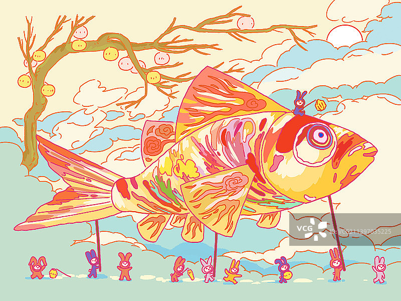 中秋鱼灯清新国潮喜庆插画图片素材