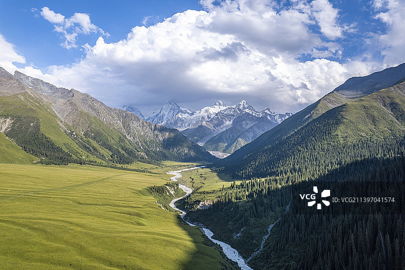 中国新疆伊犁昭苏夏塔草原雪山自然风光图片素材
