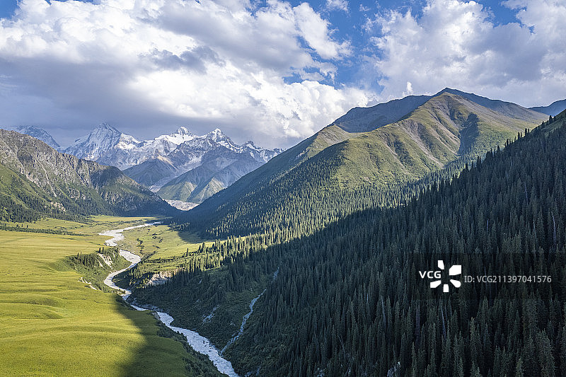 中国新疆伊犁昭苏夏塔草原雪山自然风光图片素材