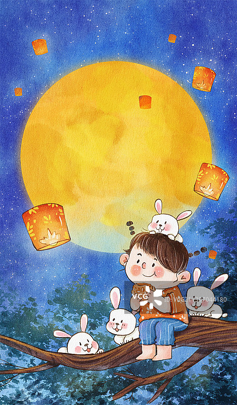 中秋女孩兔子月亮孔明灯治愈系插画图片素材