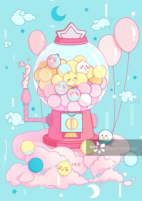 创意趣味圆球鸟扭蛋机清新插图图片素材